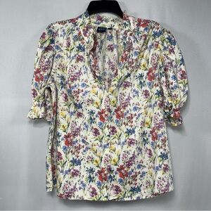 GAP Floral Puff Sleeve Ruffle Cotton Blouse Top White Multi Women's M